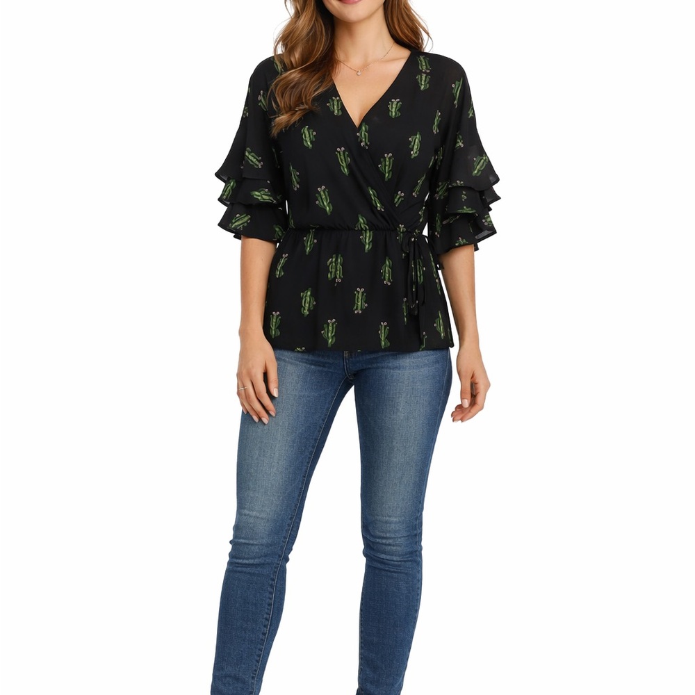 Francesca's Size Medium Black Cactus Peplum Wrap Tie Top